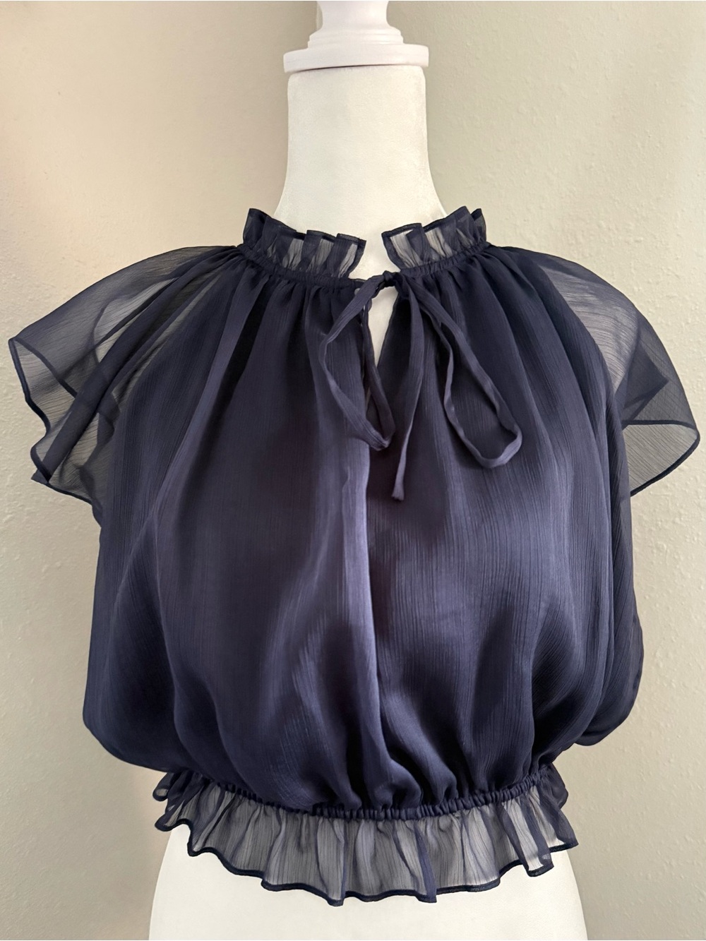 Jason Wu Sheer Flutter Sleeve Ruffle Blouson Top Navy Blue Medium